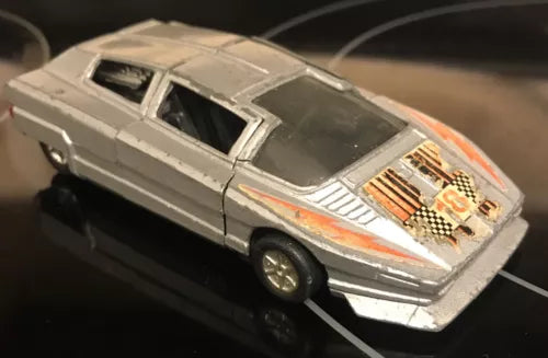 Alfa Romeo diecast model car, silver-gray body with orange racing graphics