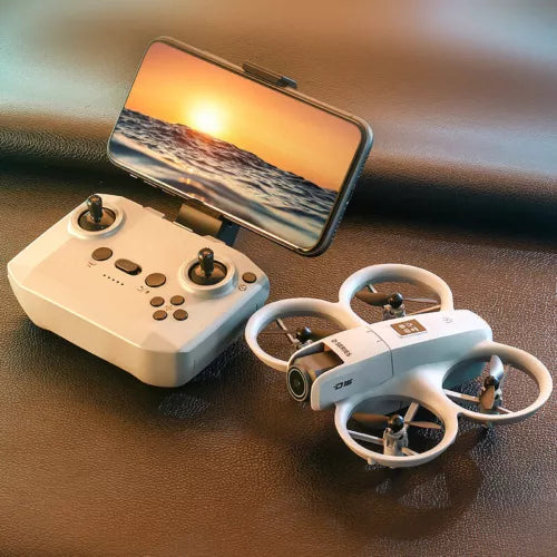 White mini quadcopter drone with controller, compact foldable design, camera