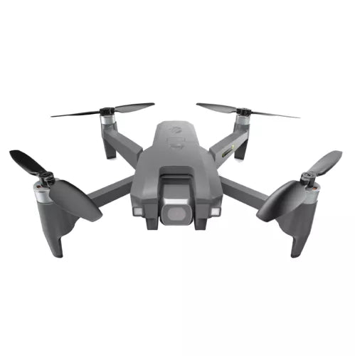 Foldable gray camera drone with four propellers and front camera module