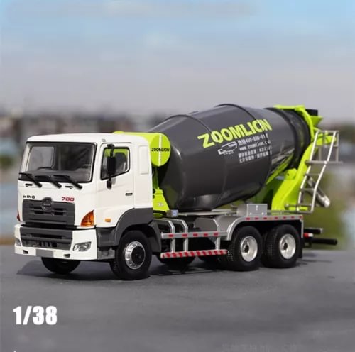 Zoomlion HINO 700 concrete mixer truck model, white cab, lime-green details, 1/38