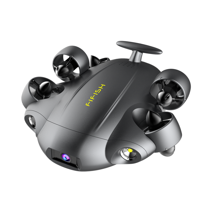 Underwater drone with six rotors and compact gray body