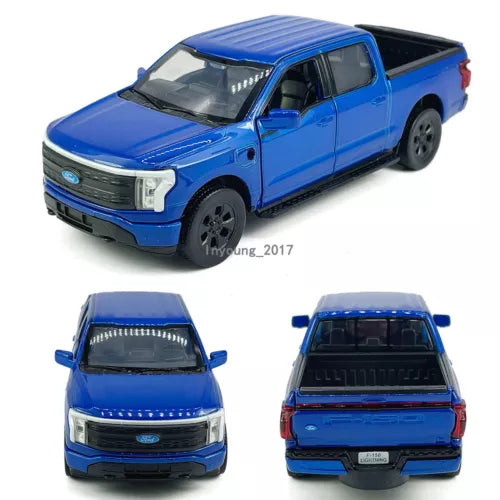 Blue diecast pickup truck model car with front and rear views