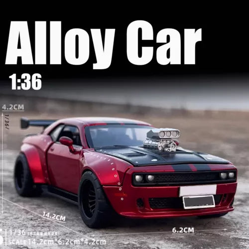1:36 diecast sports car model in red with black hood stripes and front grille detail