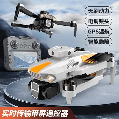 GPS folding remote control drone with camera, white and orange, with handheld controller