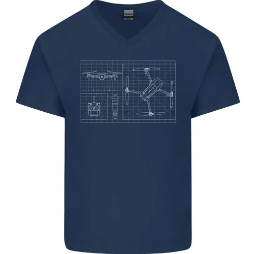 Men's V-neck cotton T-shirt with dark blue drone blueprint graphic