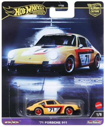 Hot Wheels 1:64 diecast 71 Porsche 911 toy car, yellow with red accents and black stripe