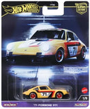 Hot Wheels 1:64 diecast 71 Porsche 911 toy car, yellow with red accents and black stripe