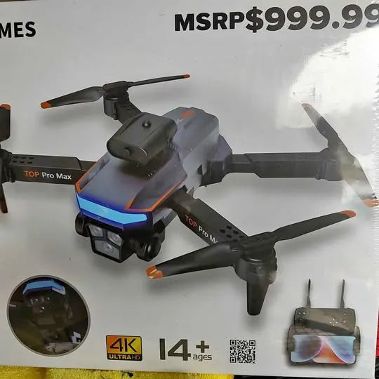 Black quadcopter drone with blue LED, foldable arms and camera pod, I4+ and 4K Ultra text