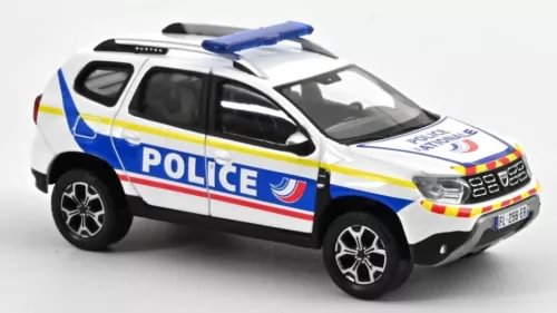 1:43 diecast police car model, blue and white livery, front-left view