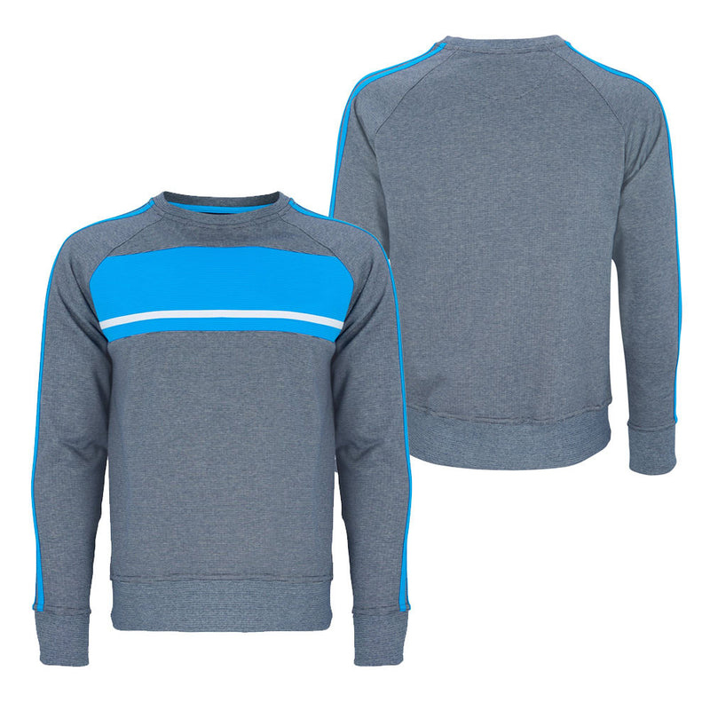 Crewneck training hurling jersey, heather gray with blue stripe trim, long sleeves