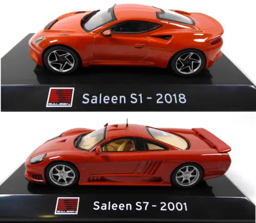 Pair of orange Saleen diecast supercars on black bases, S1 2018 & S7 2001
