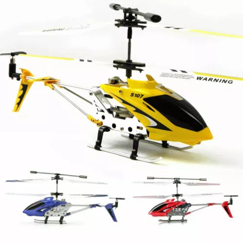 Yellow and black metal RC helicopter with 4-blade rotors and landing skids