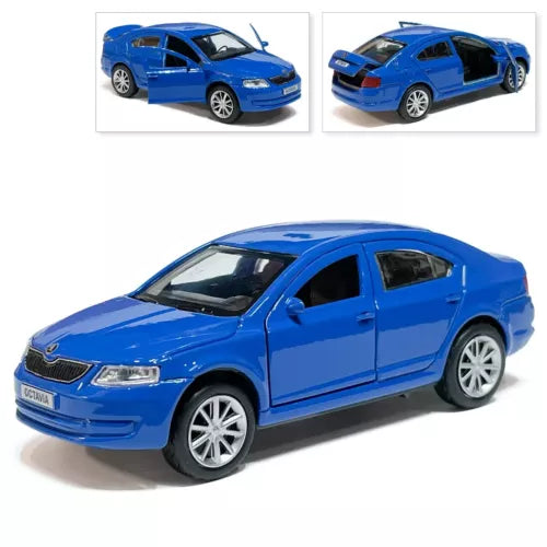 Blue 1/36 diecast car model, front-left view