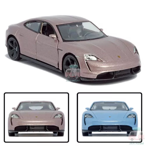 1:36 diecast Porsche Taycan Turbo S model car, metallic light pink, front and side view