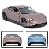 1:36 diecast Porsche Taycan Turbo S model car, metallic light pink, front and side view