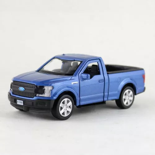 Blue diecast Ford F-150 pickup model truck, front 3/4 view, silver wheels
