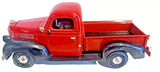 Red 1/24 scale diecast pickup truck with open cab and bed