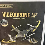 Camera drone quadcopter with four propellers, shown on product box