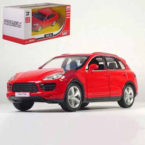 Red Porsche Cayenne Turbo diecast model car, front three-quarter view with wheels.