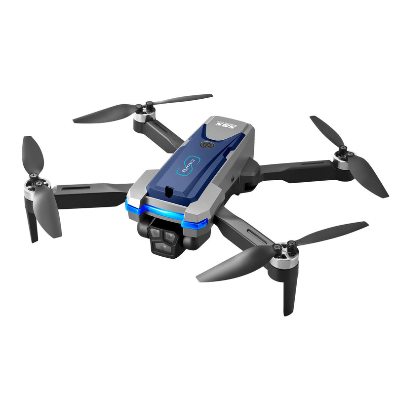 Folding quadcopter drone with 4K camera gimbal and blue controller accents
