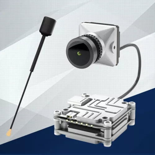 FPV camera system kit with cylindrical lens unit, mounting board, and antenna lead
