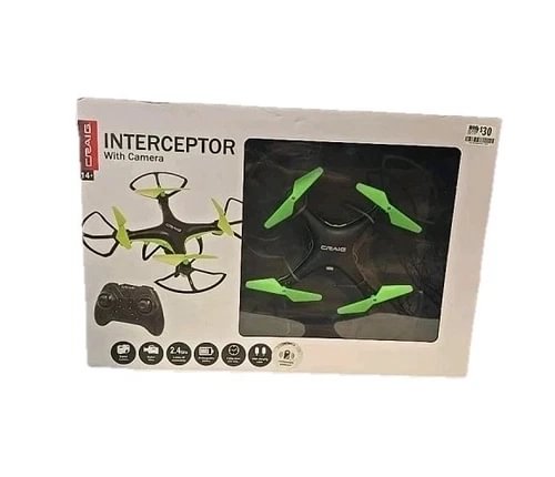 Interceptor RC quadcopter drone with camera in retail box, green and black
