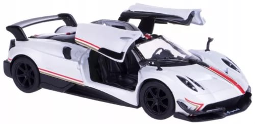 White and black diecast sports car model with red stripe, open doors, 1:36 scale