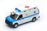Diecast ambulance van toy, white with blue stripe, roof light and red cross