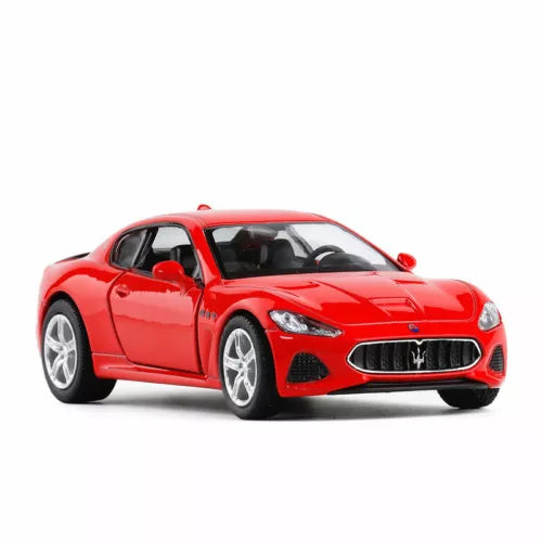 Maserati GT 1:36 diecast model car, red alloy toy with detailed grille and headlights