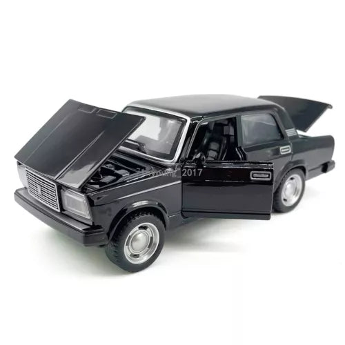 Black 1:32 diecast toy car with open hood and detailed interior, front-left view