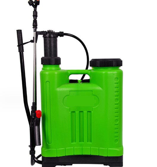 Green electric backpack sprayer with pump handle, hose, and spray wand