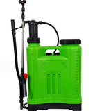 Green electric backpack sprayer with pump handle, hose, and spray wand