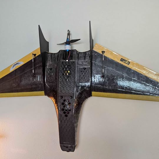 FPV drone wing with black central fuselage and dual vertical stabilizers