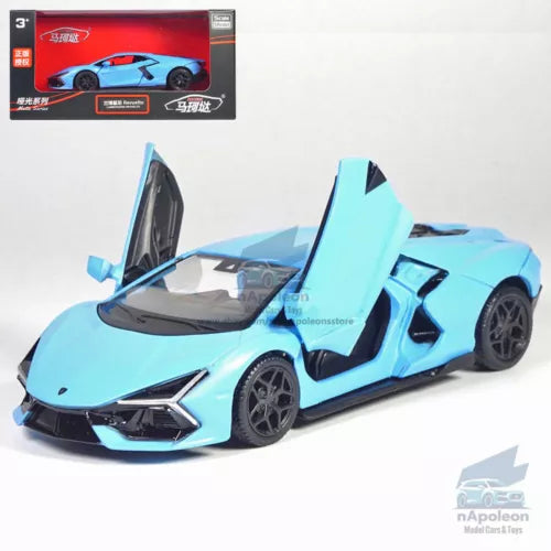 Blue diecast model car toy with open driver-side door and detailed wheels