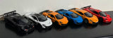 Set of six 1:36 scale diecast sports cars in dark, white, orange, blue, and red.