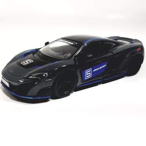 1/36 scale diecast race car toy, dark gray/black with blue accents and McLaren logo