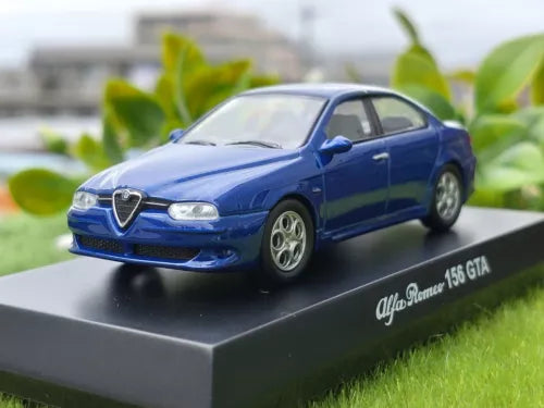 Blue diecast Alfa Romeo 156 GTA model car on black display base