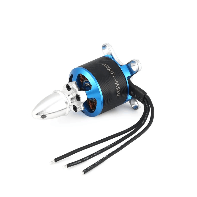 Brushless RC motor with propeller mount, blue ring, black housing, and wire leads