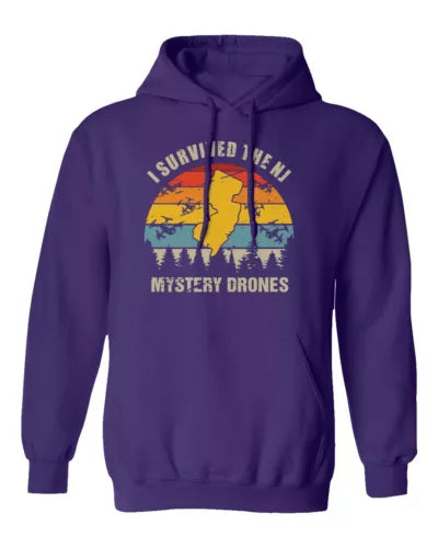 Purple unisex hooded sweatshirt with front mystery drone graphic.