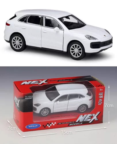White alloy diecast sports car toy model in retail box, 1:36 scale