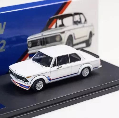 White 1/64 diecast BMW 2002 Turbo car model, black windows, blue stripe