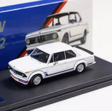 White 1/64 diecast BMW 2002 Turbo car model, black windows, blue stripe