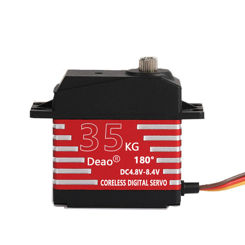 Coreless digital servo motor, black with red 35KG and 180° markings, wire leads