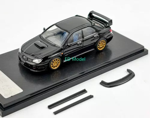 Black 1:64 diecast sedan model car with gold wheels, on display base and spare parts