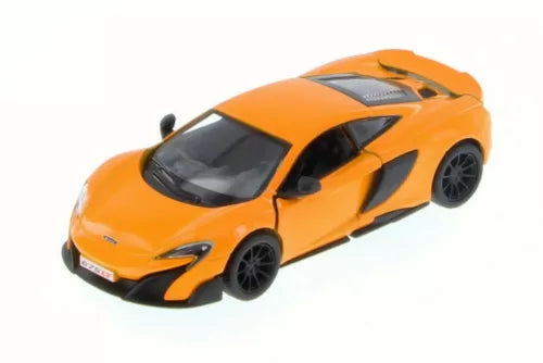 McLaren 675LT orange diecast toy car, 1/36 scale, front three-quarter view