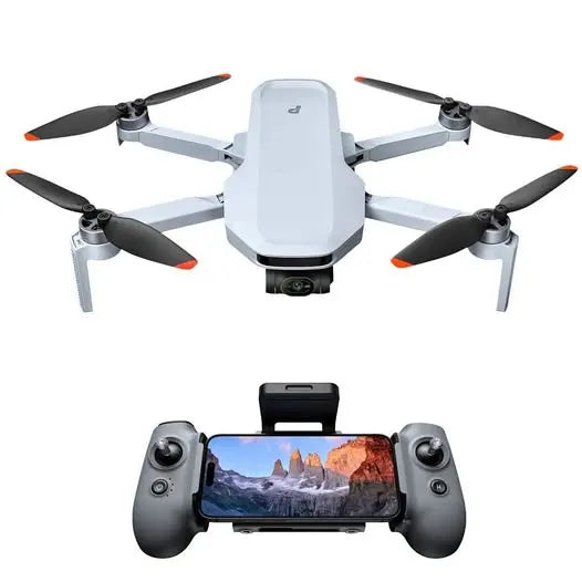 White quadcopter drone with four propellers and handheld controller with display