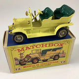 Yellow and green vintage diecast tourer car on Matchbox Models of Yesteryear box
