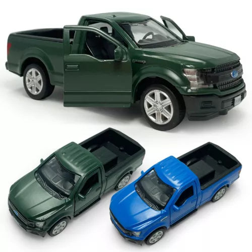 Diecast Ford F-150 toy truck set, dark green and blue with open doors, 1/36 scale