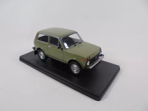 1:24 LADA NIVA diecast model car, olive green, on black display base