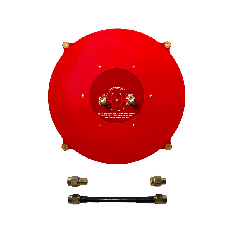 Red flat panel patch antenna with two RF connectors and black cable